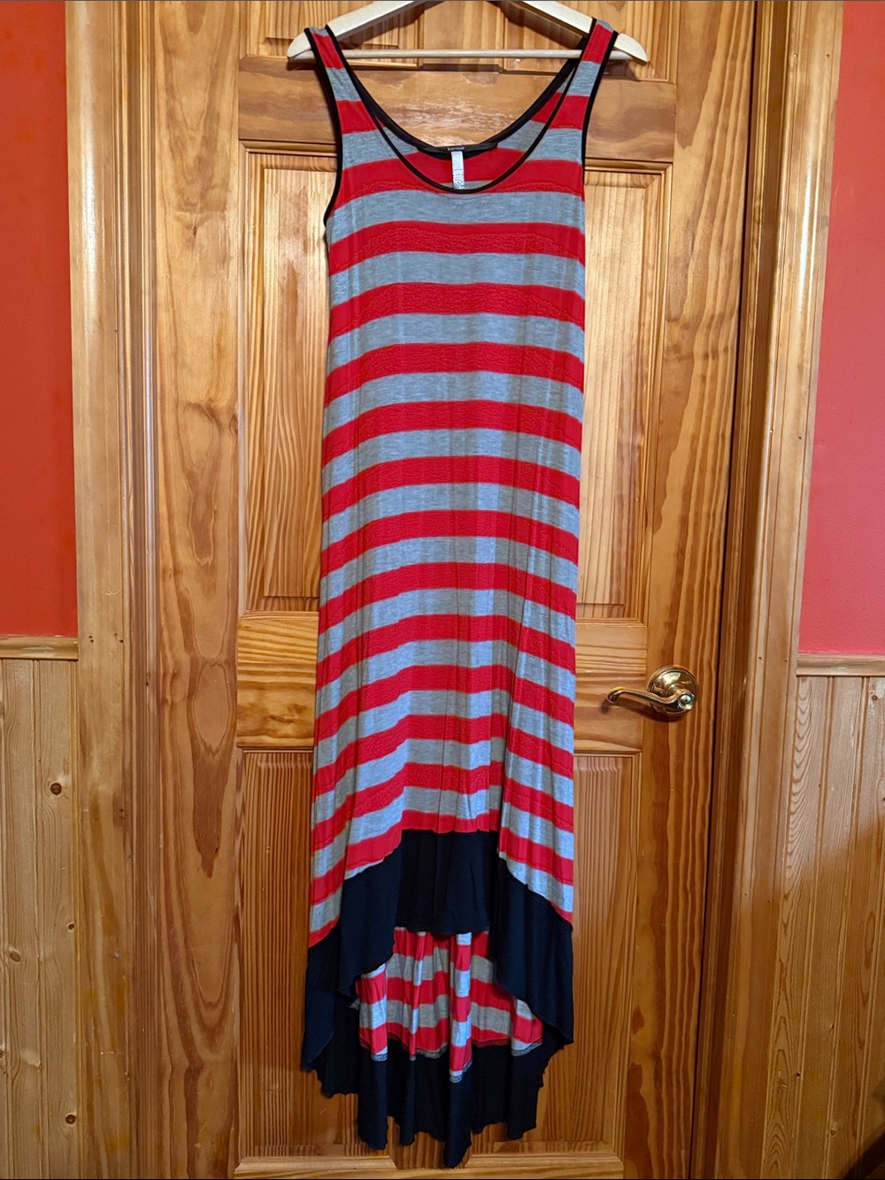 Kensie Red and Gray Striped High-Low Maxi Dress